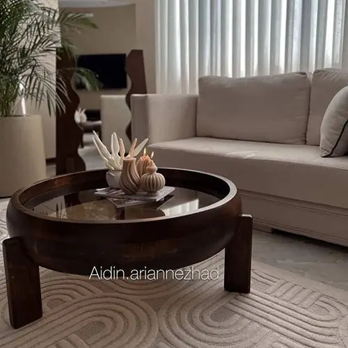 میز چوبی شیشه ای گرد